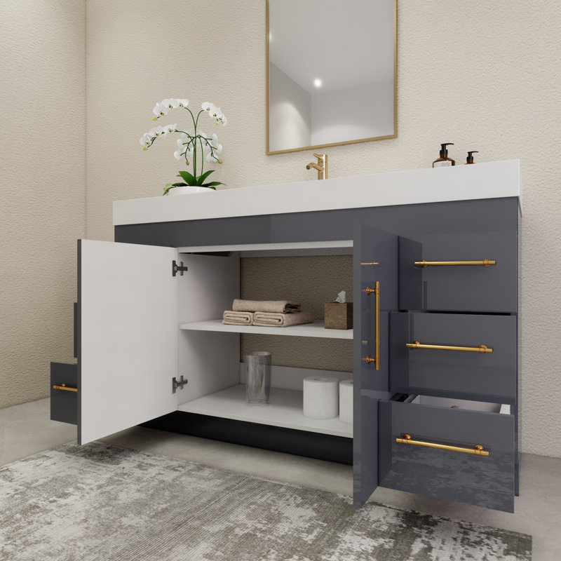 59" Single Bathroom Vanity Set with Drawers and Doors, Glossy Gray