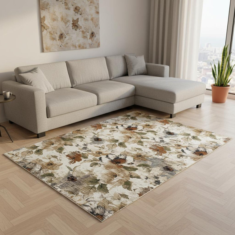 Tapis floral beige et vert crème 8 pi x 10 pi