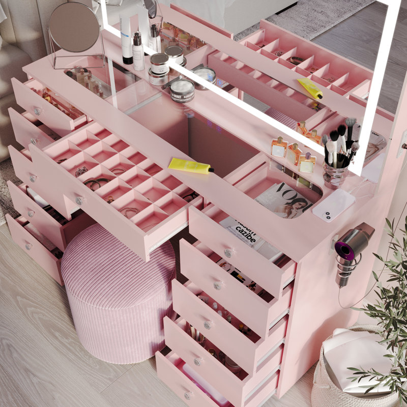 Lydia Extra-Large Makeup Vanity With Bluetooth Speakers And LED Mirror, Pink