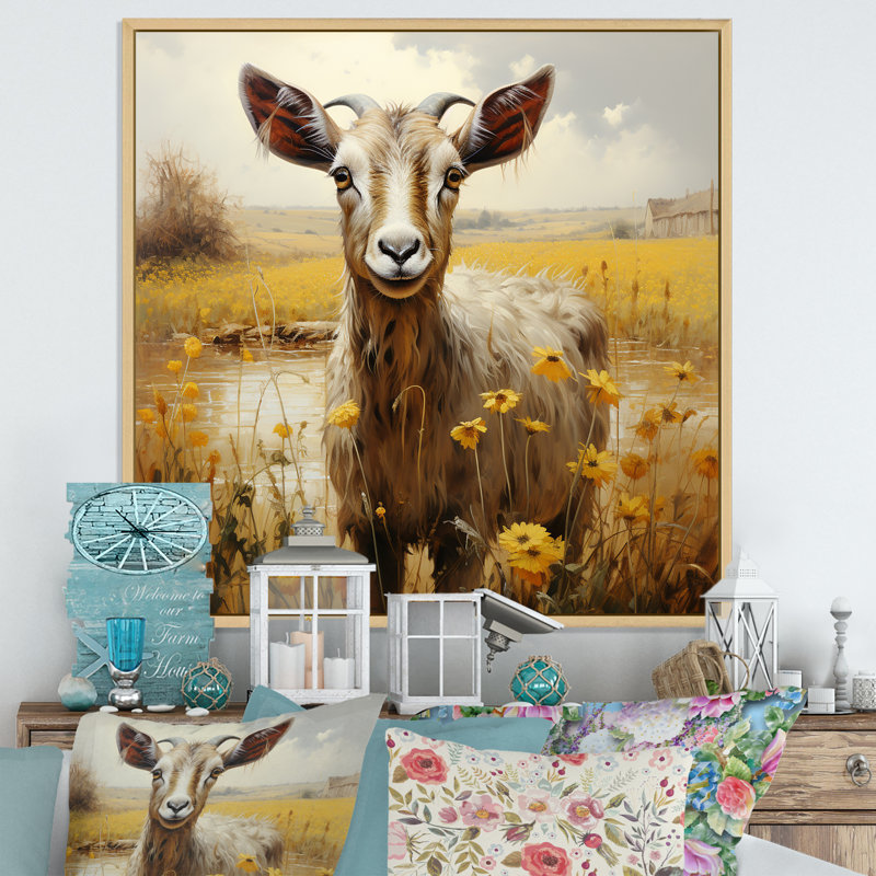 «Meadow Goats Glee», art mural toile de chèvre_106796, Cadre naturel flottant, H 30 po x l 30 po x P 1 po