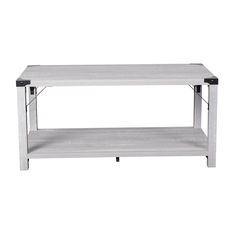 Talmon 2-Tier Coffee Table with Metal Side Braces and Corner Caps, Light Gray