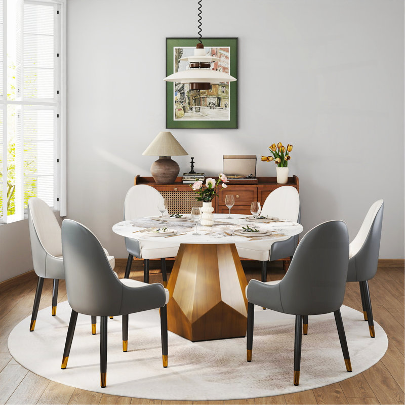 53" Round Marble Dining Table With Metal Base, Artificial Marble For 6 People, Dining Room/Living Room Kitchen Dining Table,White-With 6 Chairs