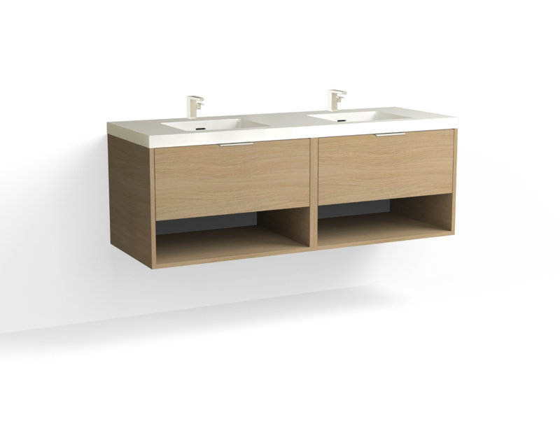 Modo 60" W Wall Mounted Double Bathroom Vanity, Glossy White/8" Widespread, Nocino, Satin Nickel
