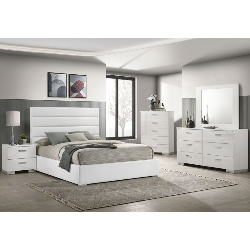 Contemporain 5 chambres à coucher blanches pour grand lit, lit en similicuir avec tête de lit à canal, tiroirs de rangement, poignées, table de chevet, commode, miroir et commode grand moderne, design, pièces,