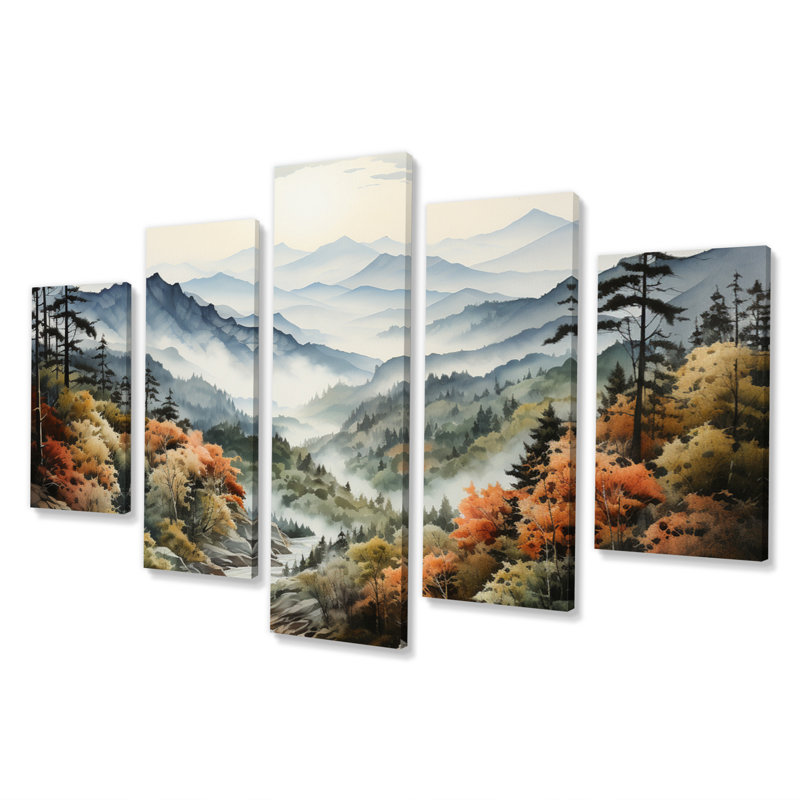 «Green Orange Mountains Mystic Range», art mural sur toile, 5 panneaux