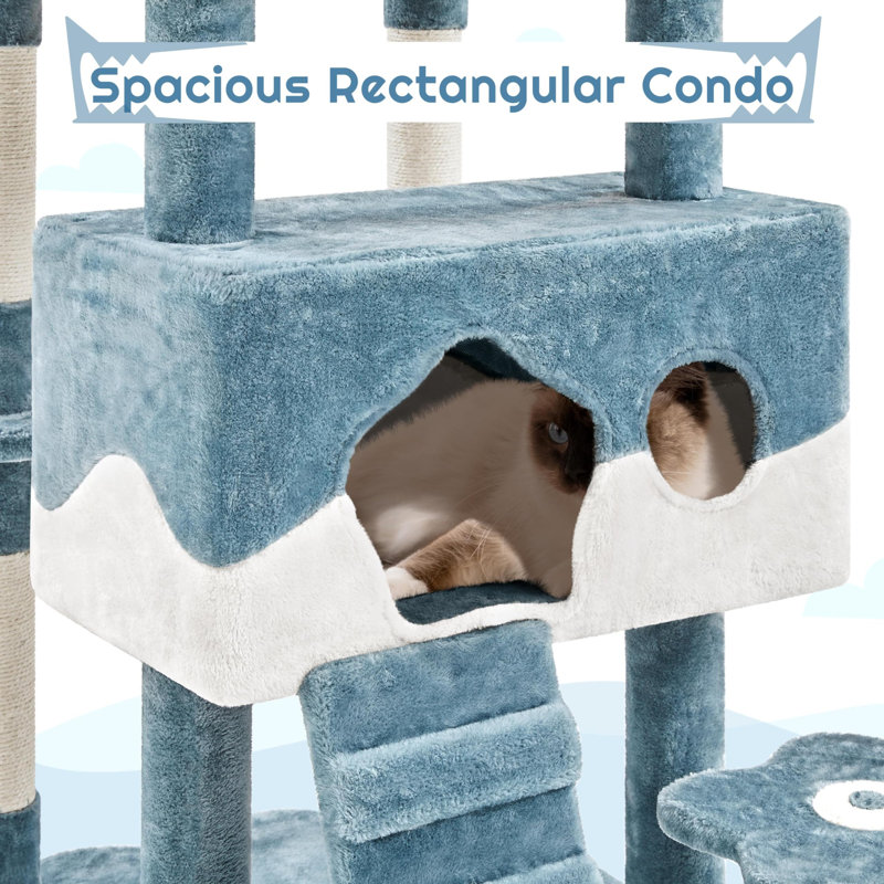 Ocean-Themed Blue and White Multi-Level Cat Tree Tower with Shark Bed