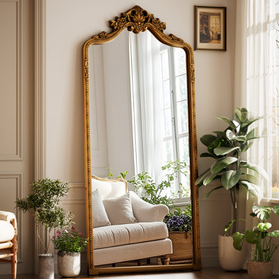 Vintage Full Length Mirror Luxury Carved PU Framed Arched Standing Floor Mirror Full Body Mirror