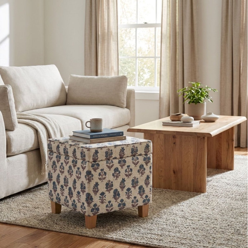 Pouf de rangement carré capitonné - Motif floral bleu