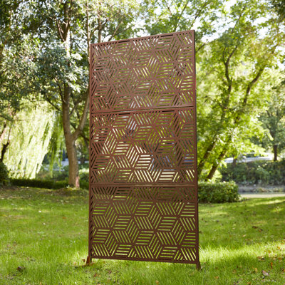6Ft Galvanized Steel Geometric Pattern Privacy Screen Fence Panel Room Divider With Riser Feet by Glitzhome
