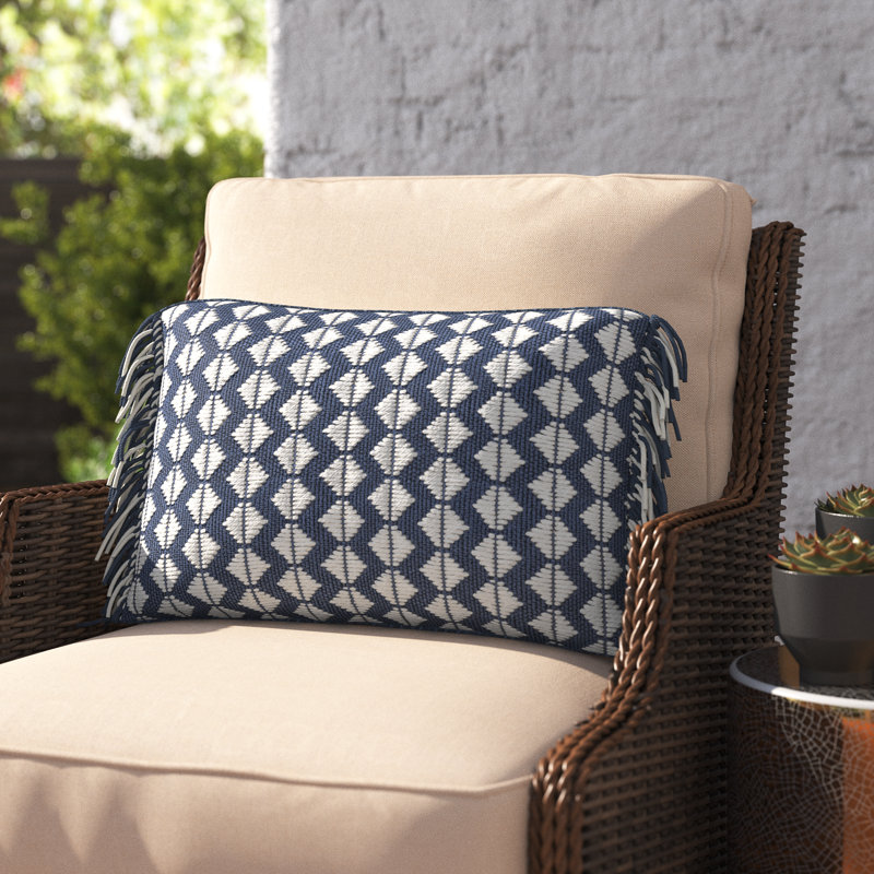 Senda Fringed Outdoor Throw Pillow, Dark Blue/Ivory, Pillow Cover Only - No Insert