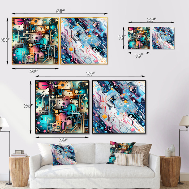 Techno Matrix Futuristic Dreams Edm Pattern - Abstract Collages Square Collage Set Of 2, Black Floater Framed, 16" H x 33" W