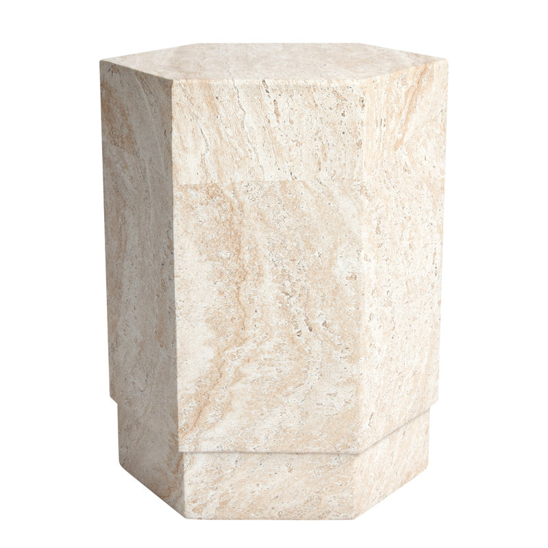 Hexagonal Travertine Stone Finish Italian Design MgO Side Accent Table