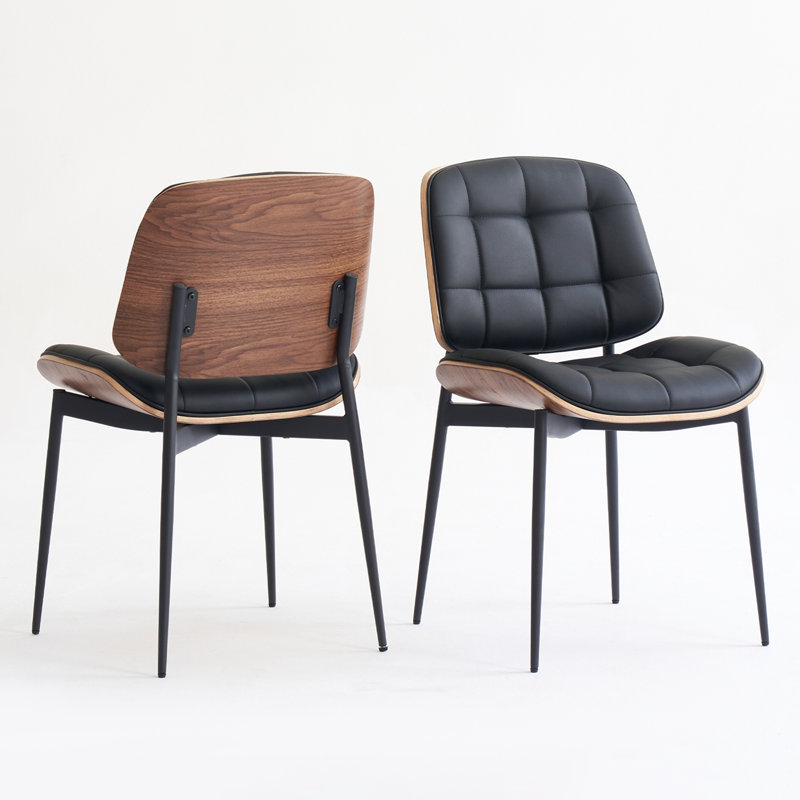 Mid Century Modern Dining Chairs with Walnut Grain Back, Black Faux Leather Dining Room Chairs Set of 4, Checkered Soft Cushion Kitchen Chairs with Adjustable Foot Pads