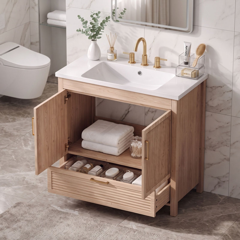 Freestanding Standard Free Standing Single Double Single Vanity Bathroom Vanity With Resin Top, Wood