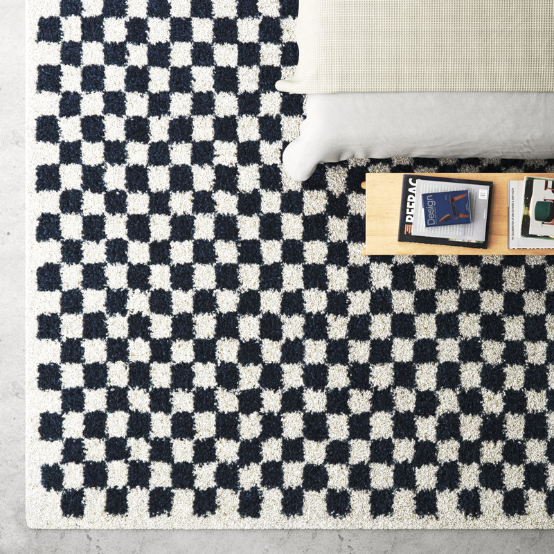 Walker Checkered Navy Blue/White Shag Area Rug, Rectangle 5'3" x 7'