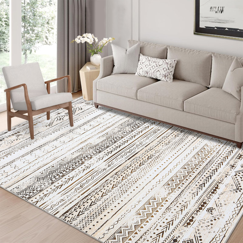 Boho Machine Washable Rug with Rubber Backing for Living Room Non-Slip Dining Room Rug Easy-Cleaning Brown Floor Carpet for Bedroom Dining Room Office Nursery Playroom