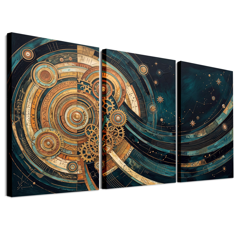 Art mural circulaire, engrenages en bronze et constellations étoilées sur ensemble de 3 toiles, H 36 po x l 24 po x 3 pièces