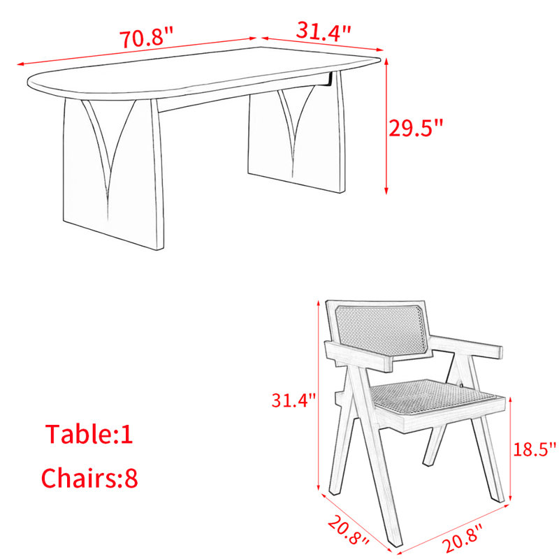 Ensemble de table à manger en bois massif de style français, H 29,5 po x L 70,8 po x l 31,4 po