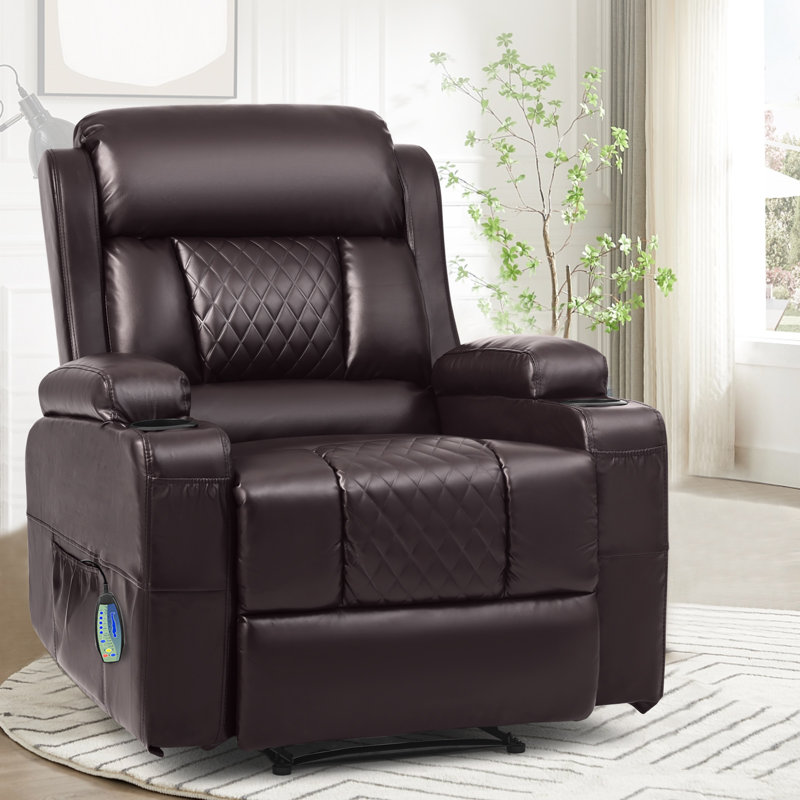 Fauteuil inclinable et chauffant de massage en simili cuir avec porte-gobelets Lumir, Brun