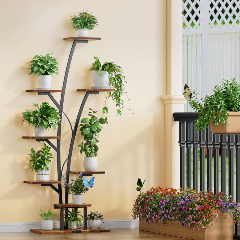 Support pour plante 63,39 po avec lumières de culture, tablette en métal à 8 niveaux, Brun rustique