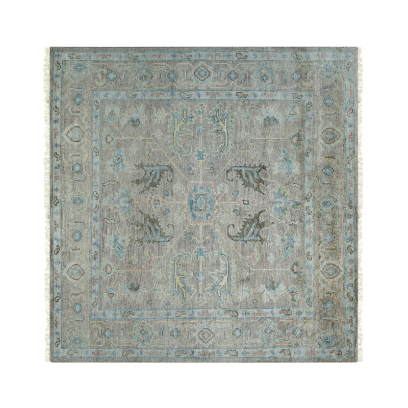 Gray and Blue Hand-Knotted Wool Square Rug