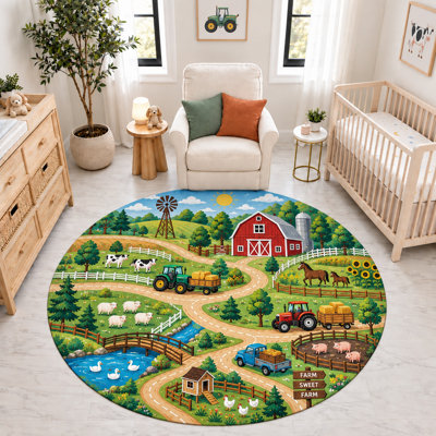 Tapis rond « ultra-fin » 183 x 183 cm, motif tracteurs et animaux de la ferme, doux et à poils courts, avec envers antidérapant en silicone, idéal pour la chambre d'enfant, la chambre de bébé ou la salle de jeux.
