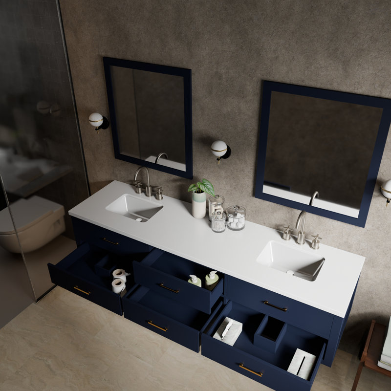 84" Wall-Mounted Double Bathroom Vanity Set, Blue, White Cultured Marble