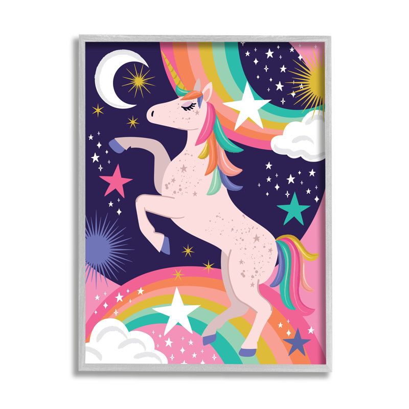 «Magical Space Unicorn Dancing Rainbows Starry Sky» par Lisa Perry White boutons - Impression sur toile, H 20 po x l 16 po