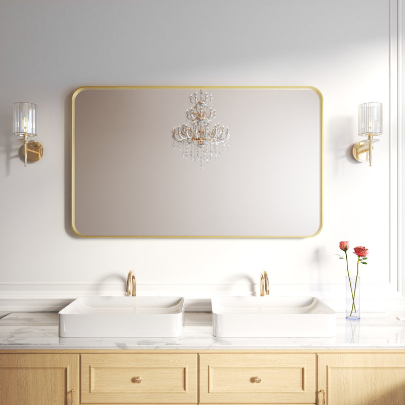 Élégant miroir encadré en aluminium avec coin arrondi pour une décoration intérieure élégante, 60 po x 36 po, Or brossé