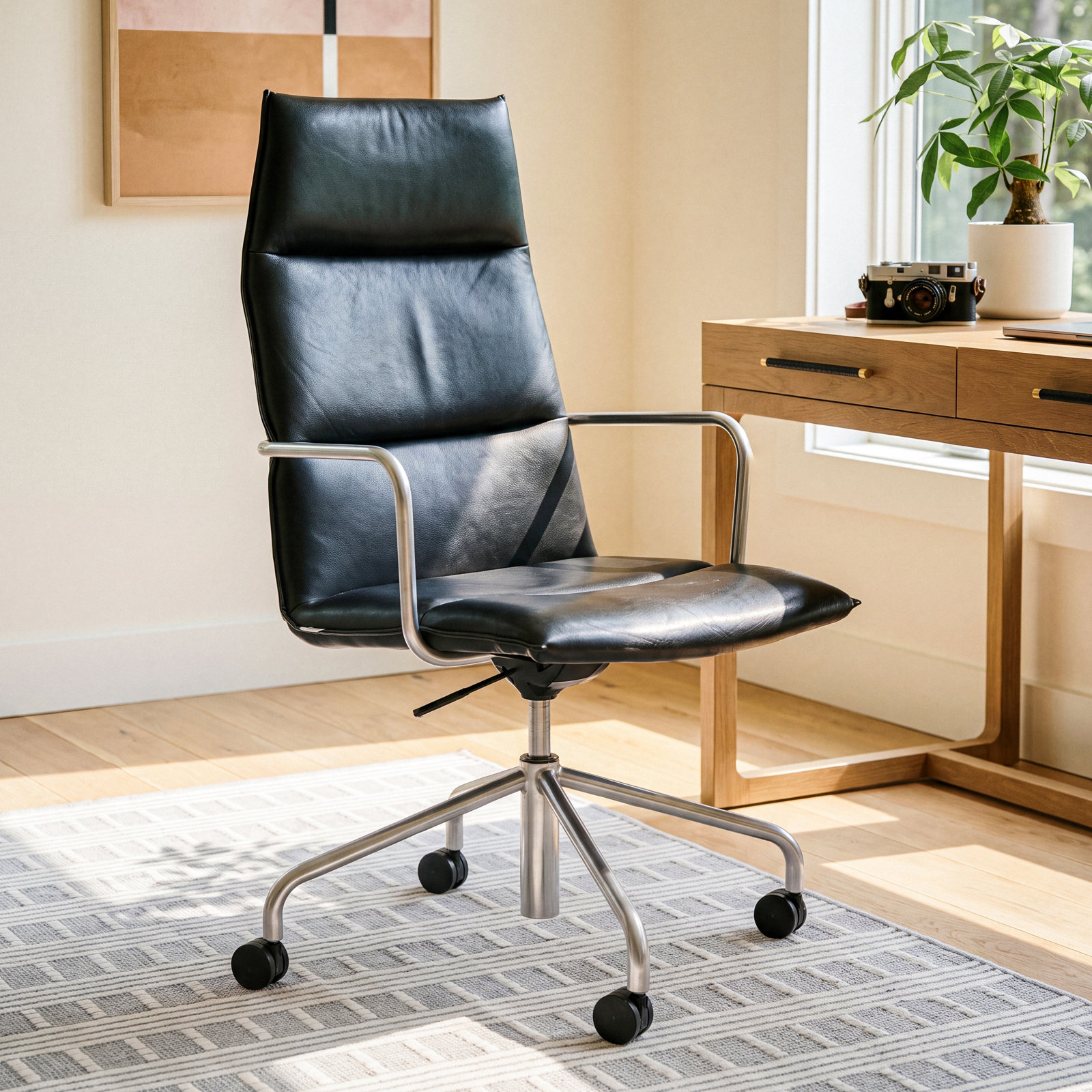 Meredith Swivel Office Chair, Nickel, Faux Leather Black 