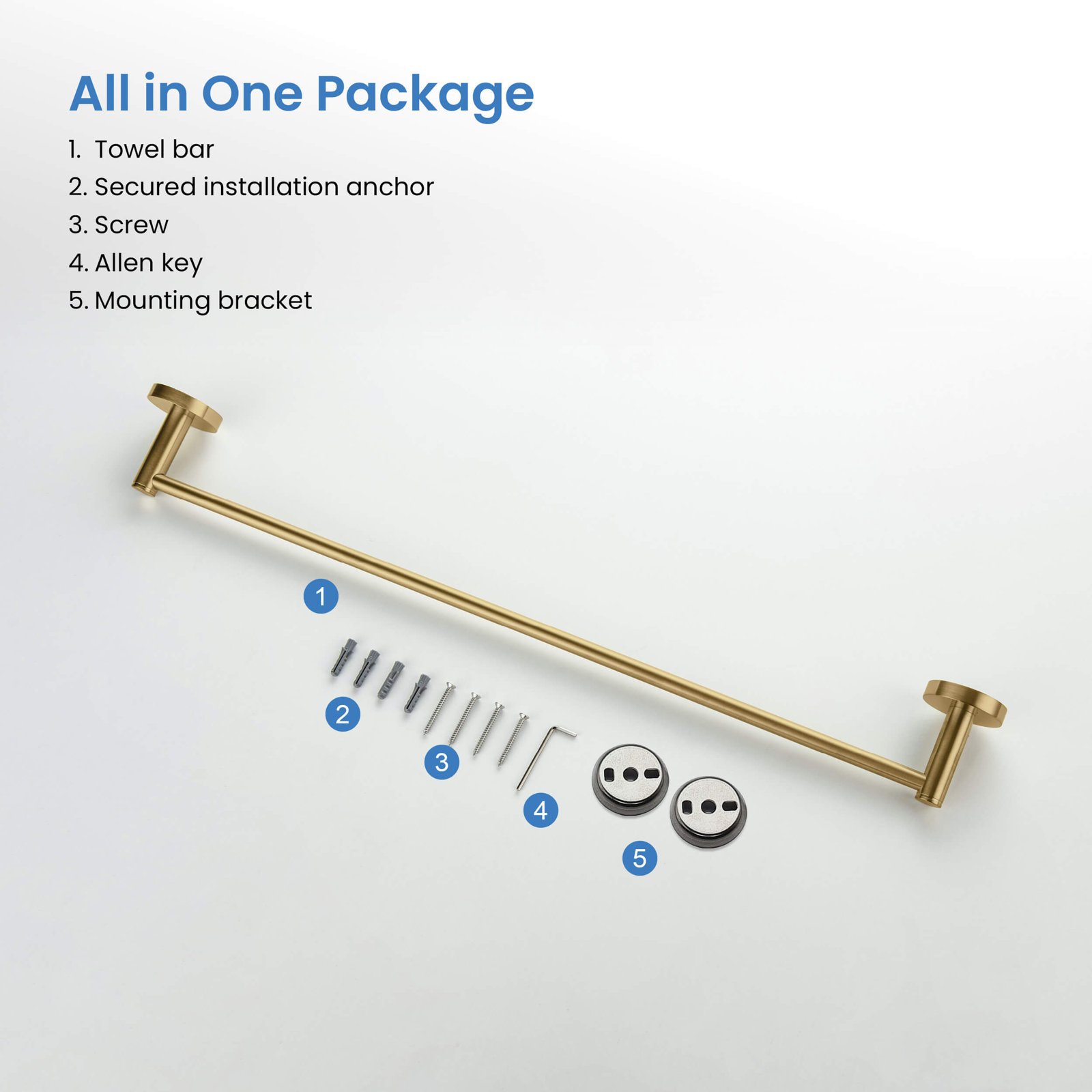 Wall Mounted Towel Bar, 2.13" H x 24" W x 2.88" D, Brushed Brass