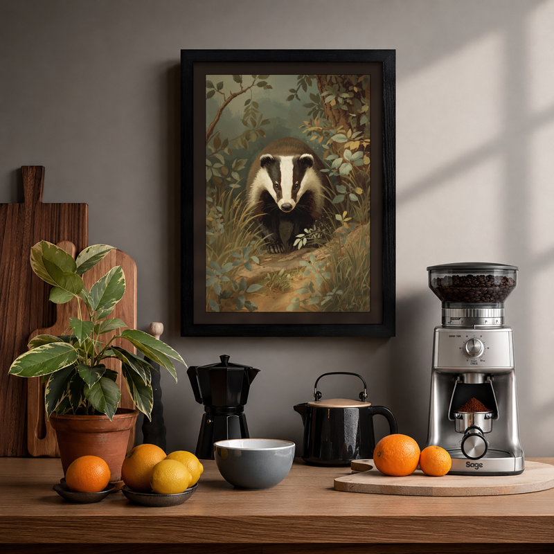 Badger in Woodland Boho - Framed Print, A2 - 59.4 x 42.0 cm, Black