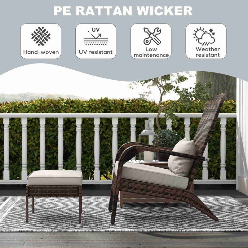 Outsunny Patio Wicker Adirondack Chair with Ottoman, Brown/White