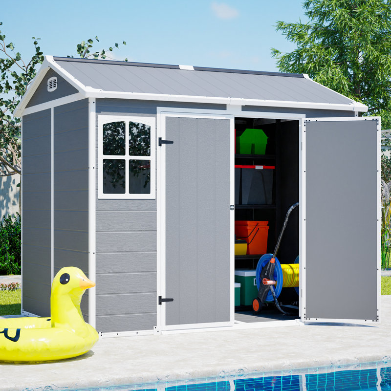 Rangement de jardin en plastique gris de 8 pi x 6 pi, remise verrouillable pour les tondeuses à gazon et les outils, abri extérieur résistant aux intempéries et à l'épreuve de la rouille, plancher utilitaire à assemblage simple, poubelles de rangem
