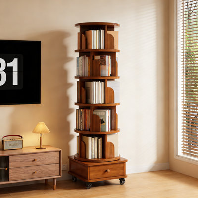 Bookcase Storage Rack with Wheels, Rotating Bookshelf, 360 Display Corner Bookshelf, Narrow Organizer by Ophelia & Co.