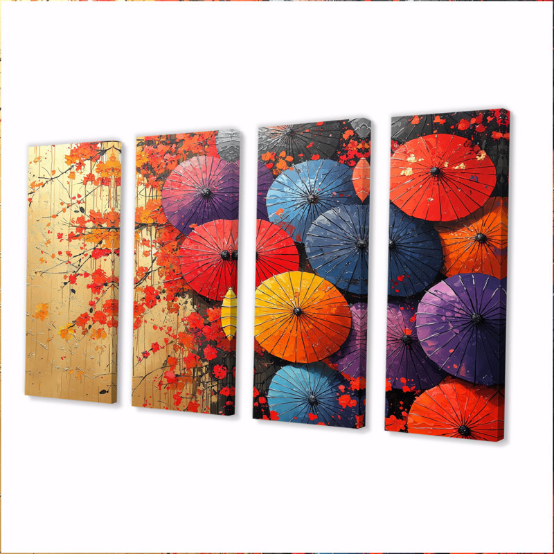 Ensemble d'art sur toile rouge, style japonais coloré, parapluies III, H 28 po x l 48 po