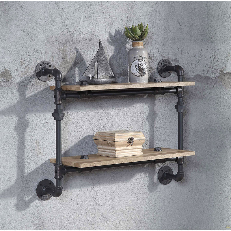 2 Tier Wall Shelf With Metal Tube, Oak And Sandy Black, 24" H x 28" W x 9" D