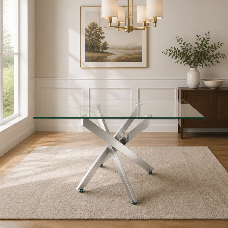 Table rectangulaire moderne en verre trempé avec cadre argenté pour une utilisation polyvalente dans les espaces de salle à manger, de salon et de bureau