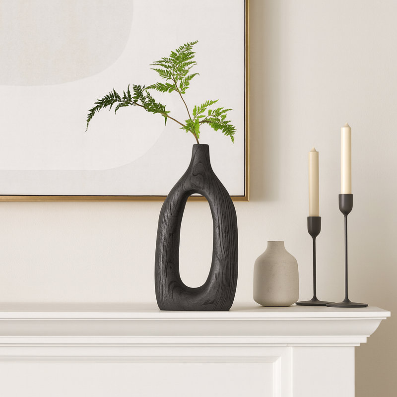 Modern Wood Cut-Out Table Vase for Home Decor - Tall Flower Vase for Shelves, Office Desks, and Kitchen Counter Accent - 14", Black