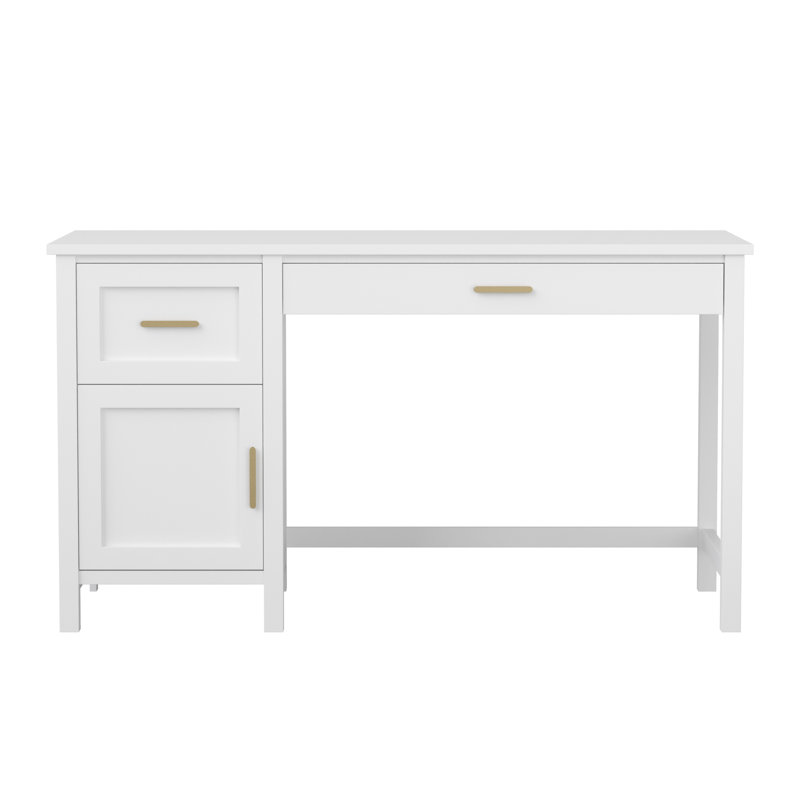 White Wood Home Office Desk with Brass Hardware and Storage