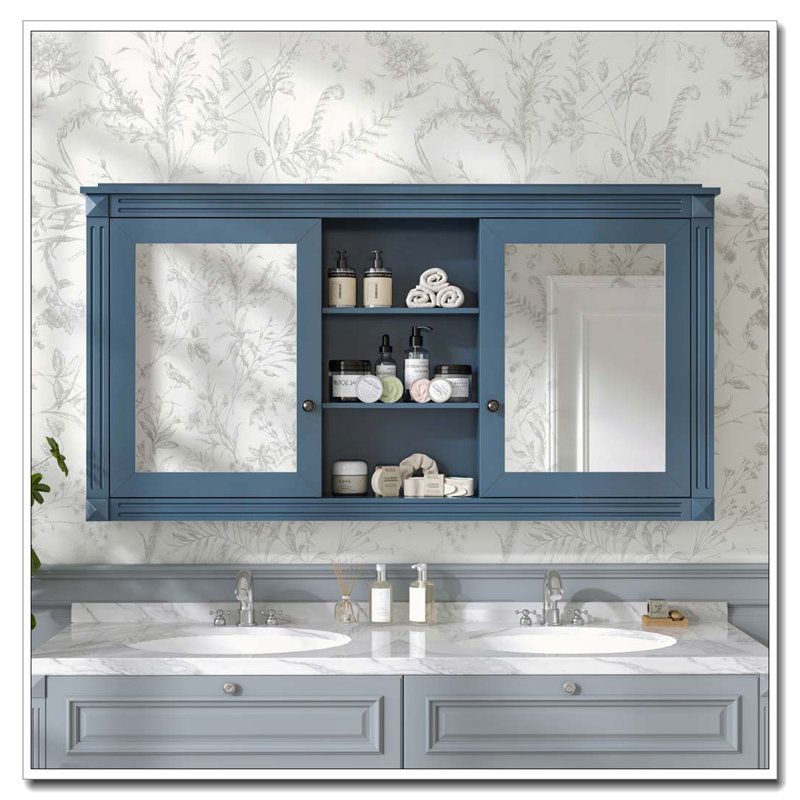 55 inch Wall-Mount 2-in-1 Mirror Cabinet, Blue