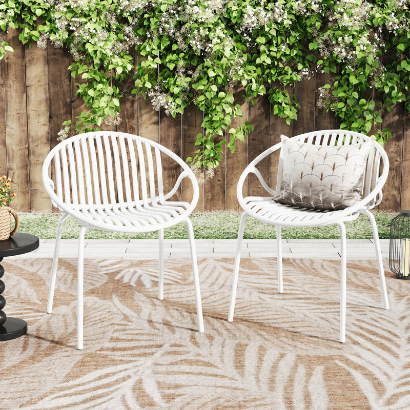 Patio Dining Chairs Stackable Chairs With Breathable Design Modern Simple Art Style (Set Of 2), White