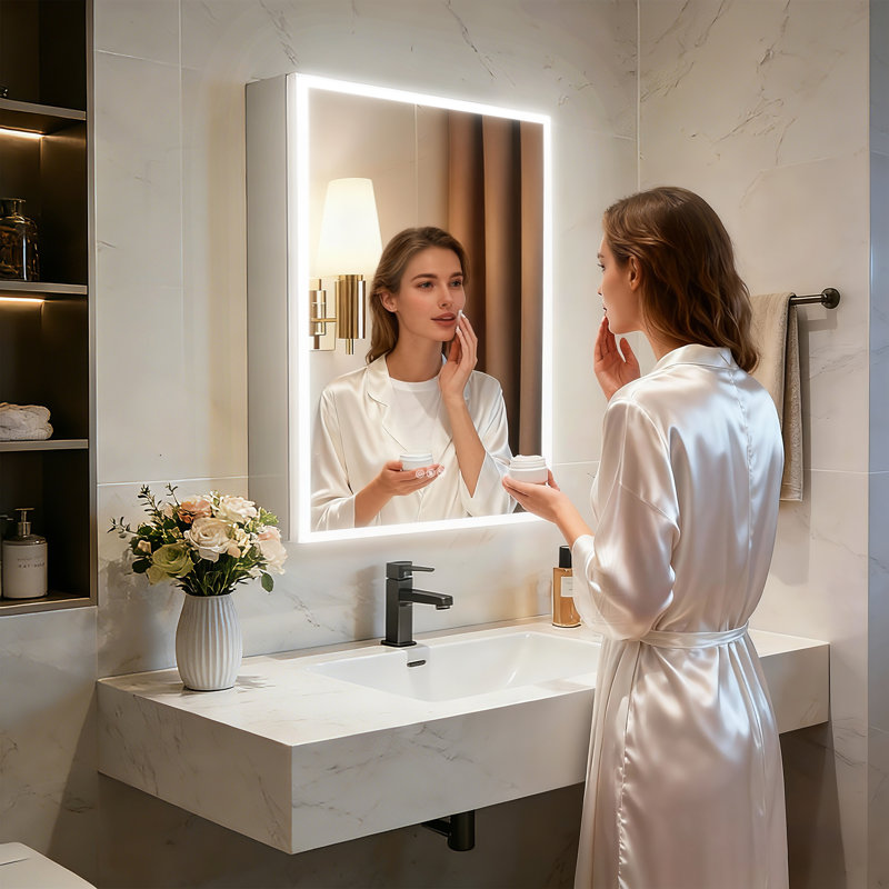 Surface Frameless LED Davaughn Mirror With 2 Adjustable Shelf & Bluetooth Speaker, 70cm H x 50cm W x 14.3cm D