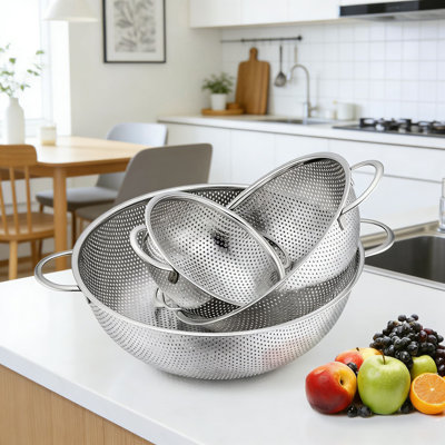 Stainless Steel Colander Set Of 3, Micro-Perforated Strainers For Draining Pasta, Vegetables, And Fruits, Heavy Duty & Dishwasher Safe With Ergonomic Handles