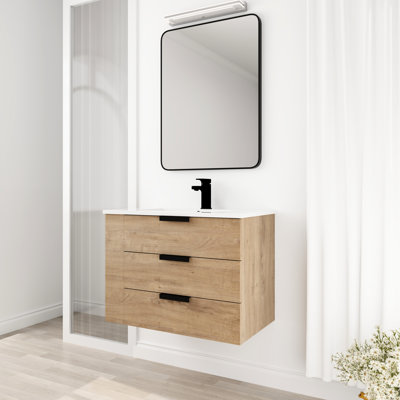 30" Bathroom Vanity With Resin Basin - Wall Mounted, Imitative Oak Trait, 3 Drawers, Handle, Soft Closing, Adjustable Side Shelf For Refresh Finish, Drawer Storage, Sink, Feature, Space