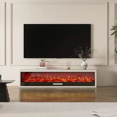 White Solid Wood Freestanding TV Cabinet Fireplace Heating