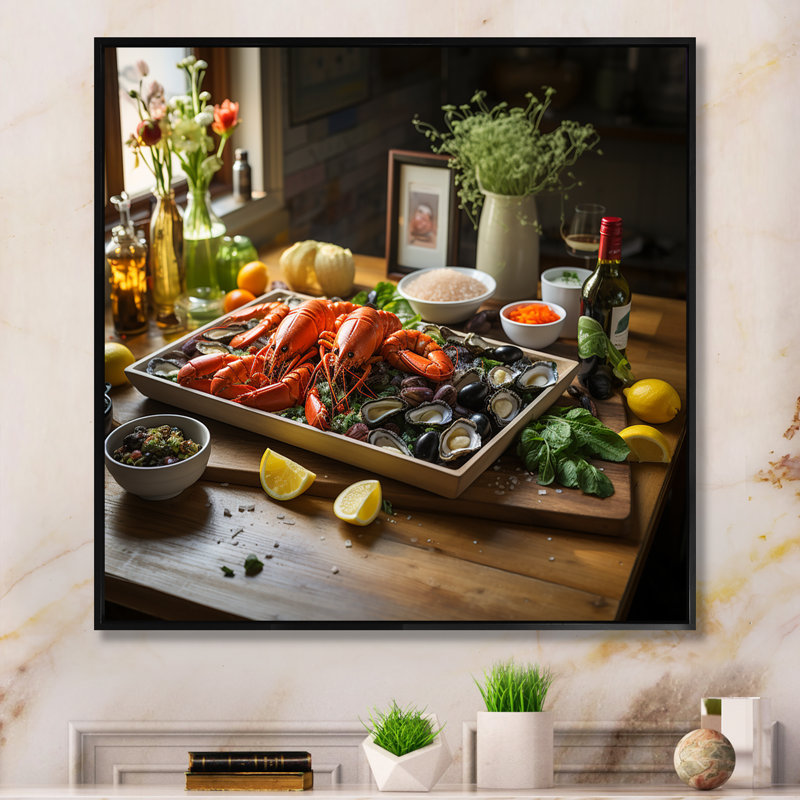 Assortiment de fruits de mer III sur toile, Cadre flottant noir, H 16 po x l 16 po x P 1 po