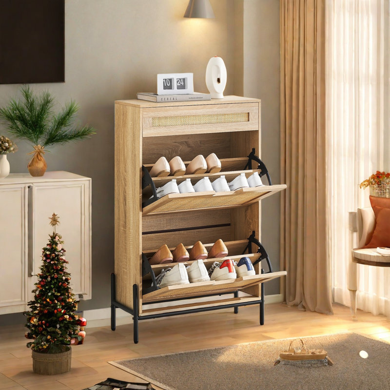 Shoe Cabinet With 2 Flip Door And 1 Drawer, Rattan Shoe Cabinet With Adjustable Shelf And Metal Legs, Oak Wood