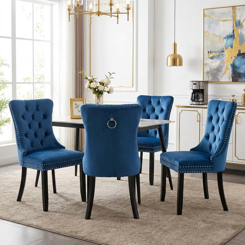4-piece Velvet Dining Chair Set, With Pull Ring & Nailhead Trim, For Kitchen & Dining Room, Blue, 4