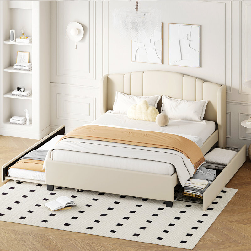 Lit plateforme tapissier à oreilles avec lit gigogne et tiroirs, Beige
